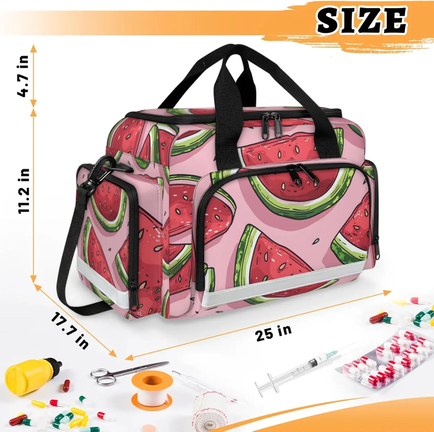 Waterproof Tactical Duffle Bag 25" Carry On Bag for EMT Tear-Resistant Gym Bag with Multi-Pocket & OSHA Reflective Travel Bags for Men Women Cute Watermelons
