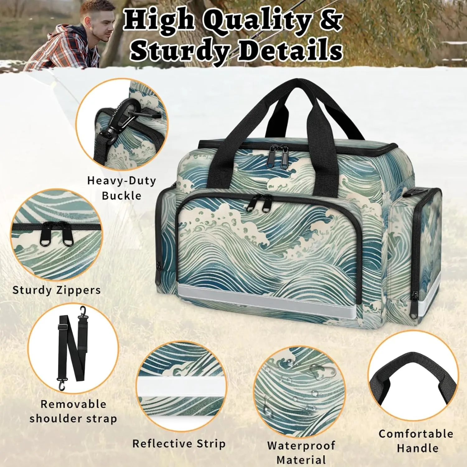 Waterproof Tactical Duffle Bag 25" Carry On Bag for EMT Tear-Resistant Gym Bag with Multi-Pocket & OSHA Reflective Travel Bags for Men Women Ocean Water Theme
