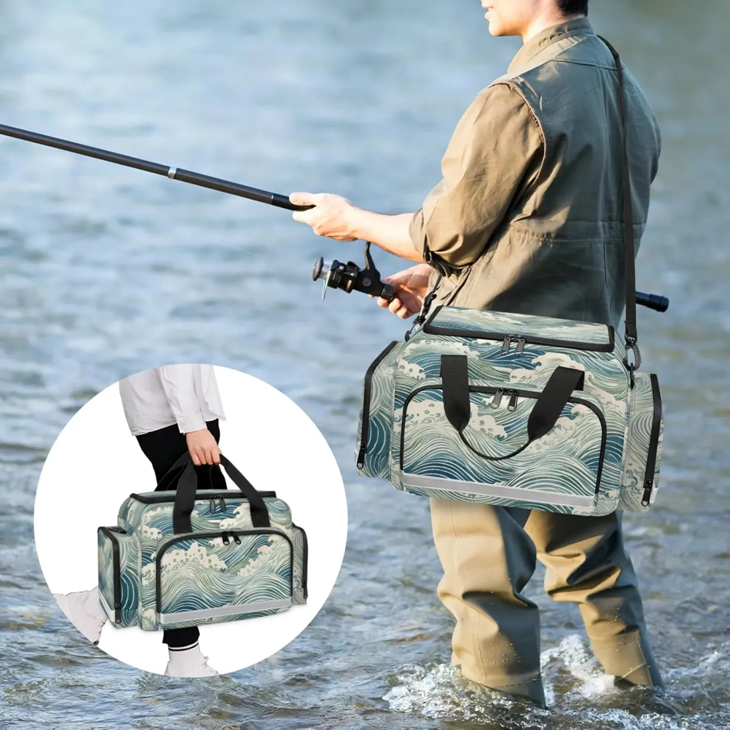 Waterproof Tactical Duffle Bag 25" Carry On Bag for EMT Tear-Resistant Gym Bag with Multi-Pocket & OSHA Reflective Travel Bags for Men Women Ocean Water Theme