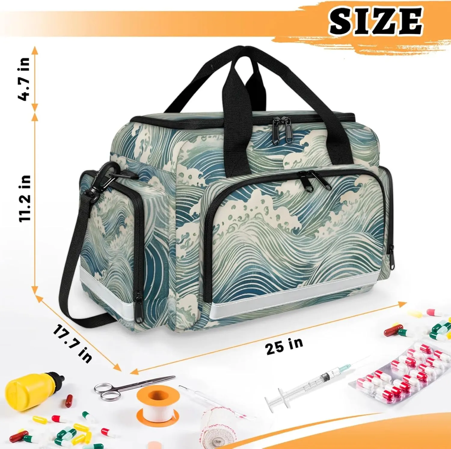 Waterproof Tactical Duffle Bag 25" Carry On Bag for EMT Tear-Resistant Gym Bag with Multi-Pocket & OSHA Reflective Travel Bags for Men Women Ocean Water Theme