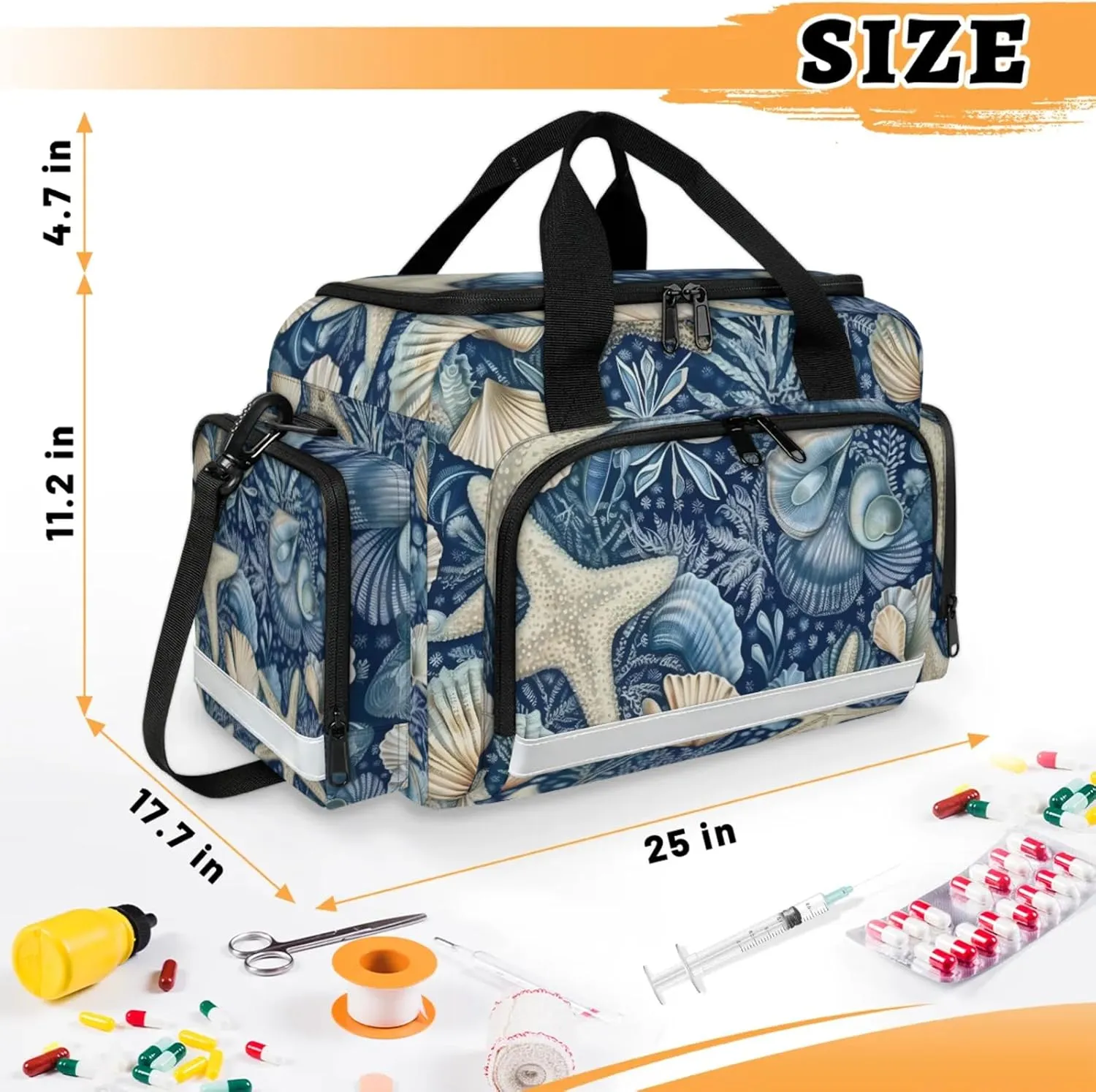Waterproof Tactical Duffle Bag 25" Carry On Bag for EMT Tear-Resistant Gym Bag with Multi-Pocket & OSHA Reflective Travel Bags for Men Women Retro Starfish Seashell