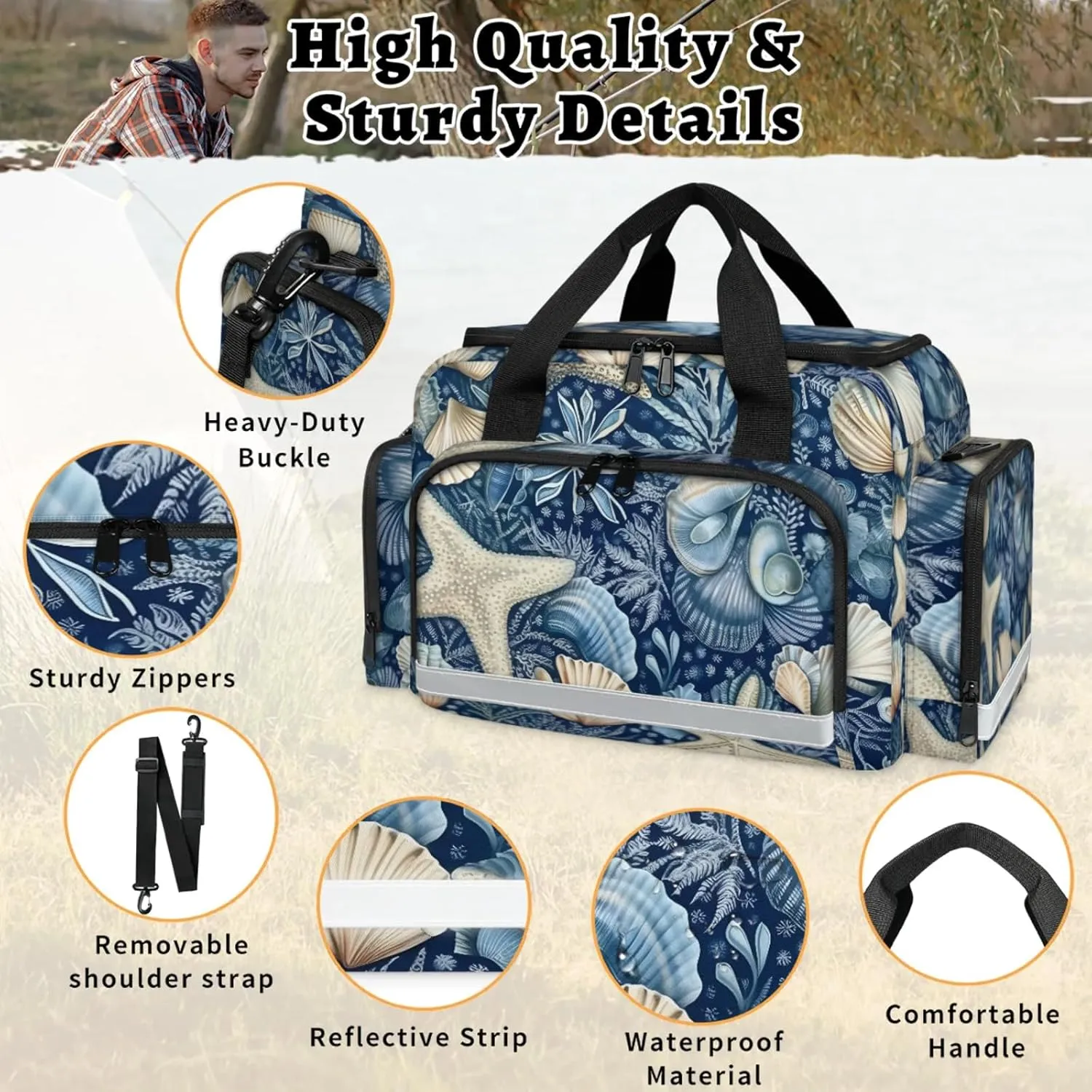 Waterproof Tactical Duffle Bag 25" Carry On Bag for EMT Tear-Resistant Gym Bag with Multi-Pocket & OSHA Reflective Travel Bags for Men Women Retro Starfish Seashell