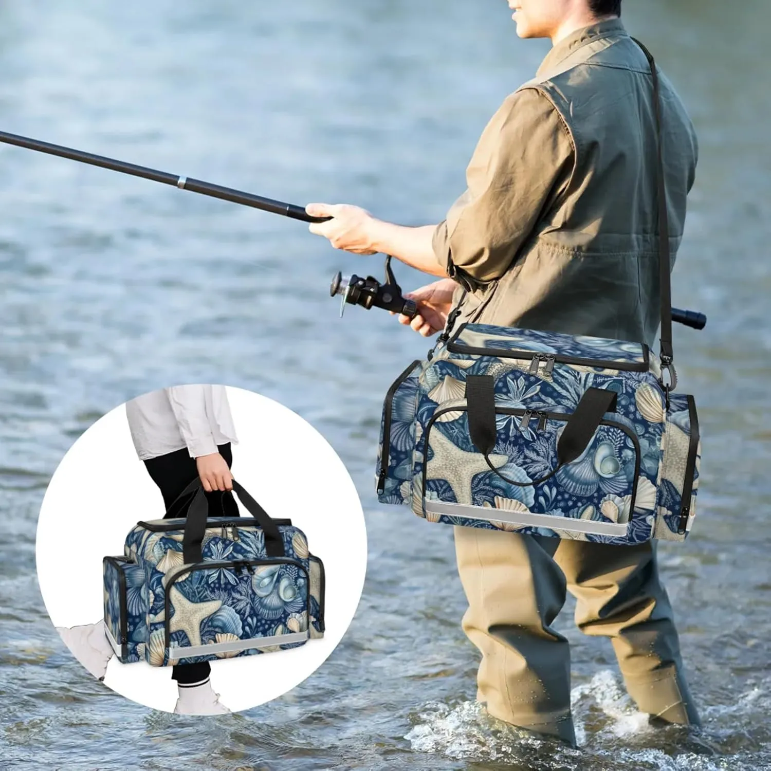 Waterproof Tactical Duffle Bag 25" Carry On Bag for EMT Tear-Resistant Gym Bag with Multi-Pocket & OSHA Reflective Travel Bags for Men Women Retro Starfish Seashell