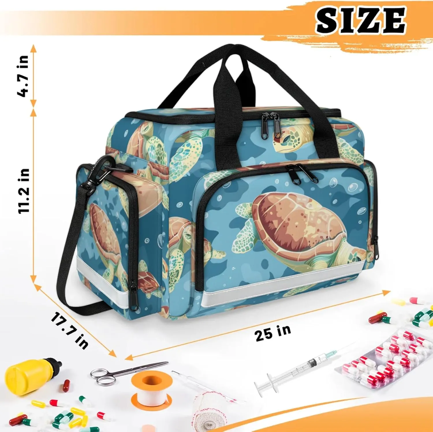 Waterproof Tactical Duffle Bag 25" Carry On Bag for EMT Tear-Resistant Gym Bag with Multi-Pocket & OSHA Reflective Travel Bags for Men Women Sea Turtles