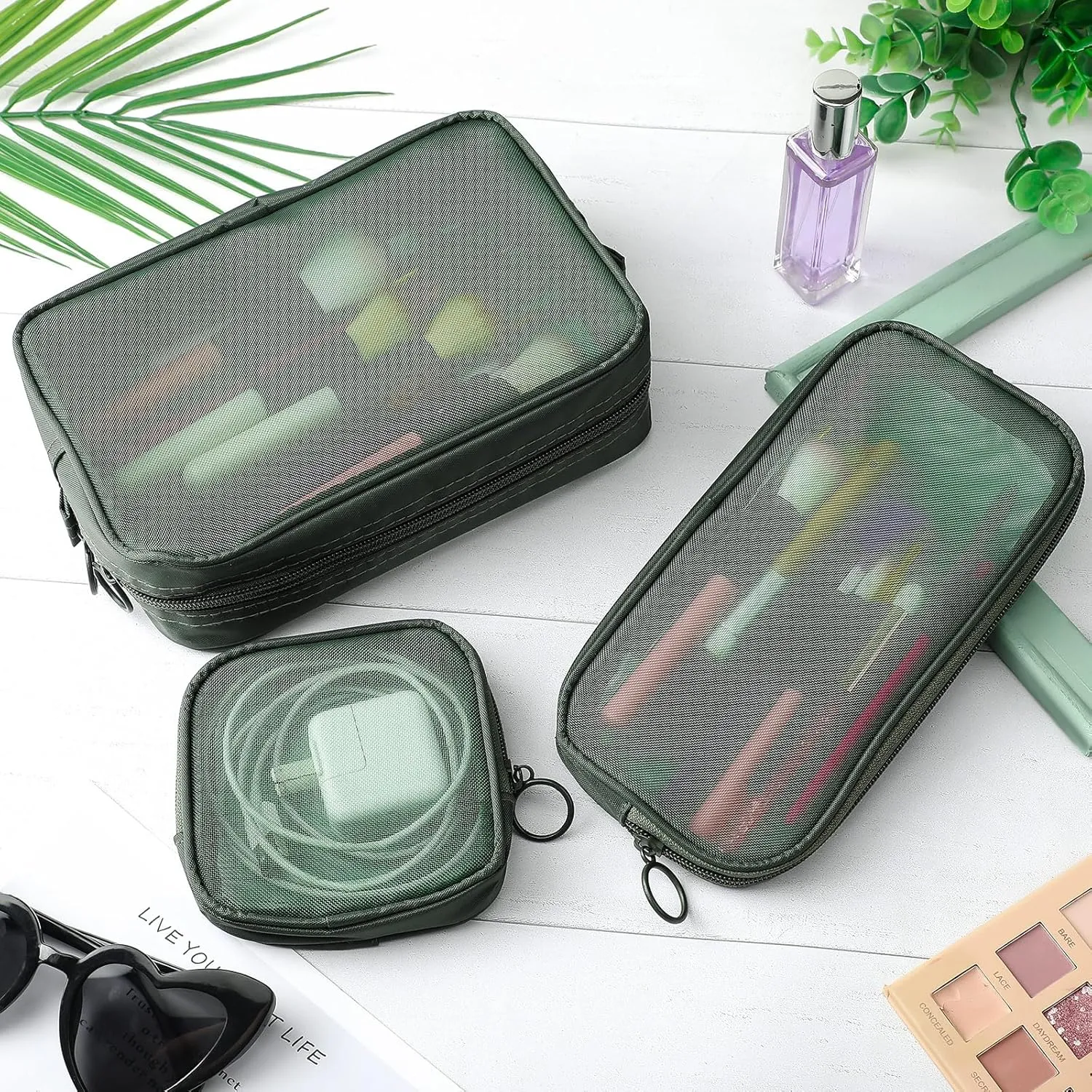 Weewooday 4 Pcs Mesh Makeup Bag Mesh Cosmetic Bag Travel Toiletry Pouch with Zipper Mini Makeup Cosmetic Purse for Daily Accessory(Small, Large, Medium,Olive Green)