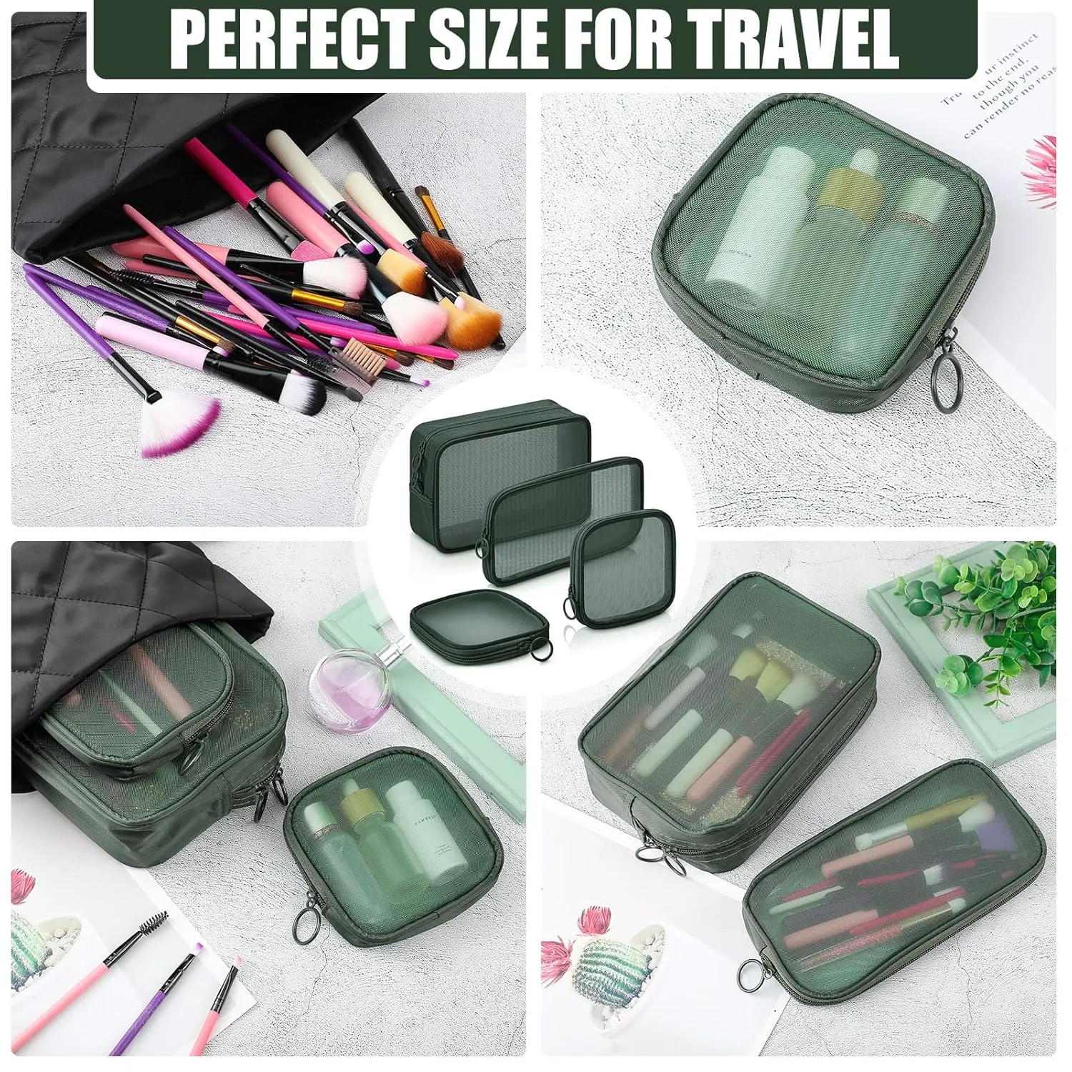 Weewooday 4 Pcs Mesh Makeup Bag Mesh Cosmetic Bag Travel Toiletry Pouch with Zipper Mini Makeup Cosmetic Purse for Daily Accessory(Small, Large, Medium,Olive Green)