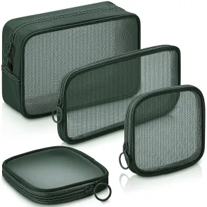 Weewooday 4 Pcs Mesh Makeup Bag Mesh Cosmetic Bag Travel Toiletry Pouch with Zipper Mini Makeup Cosmetic Purse for Daily Accessory(Small, Large, Medium,Olive Green)