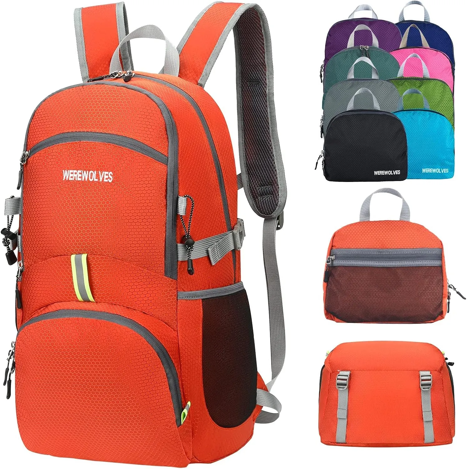 WEREWOLVES 35L Ultralight Hiking Backpack, Lightweight Foldable Water Resistant Outdoor Sports Travel Daypack for Women Men (orange, 35L)