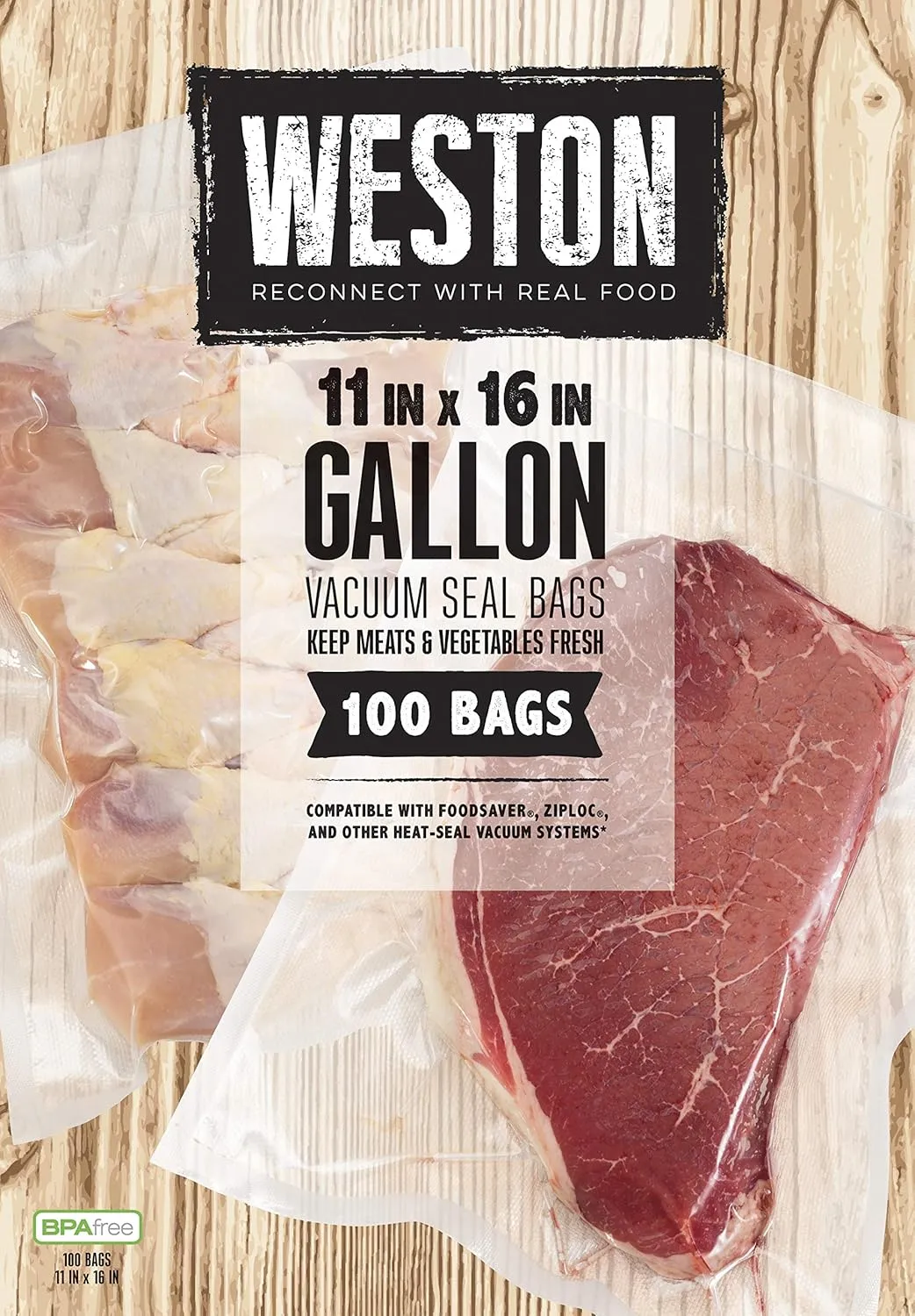 Weston Vacuum Sealer Bags, 2 Ply 3mm thick, for NutriFresh, FoodSaver & Other Heat-Seal Systems, for Meal Prep and Sous Vide, BPA Free, 11" x 16" (Gallon), 100 count, Clear