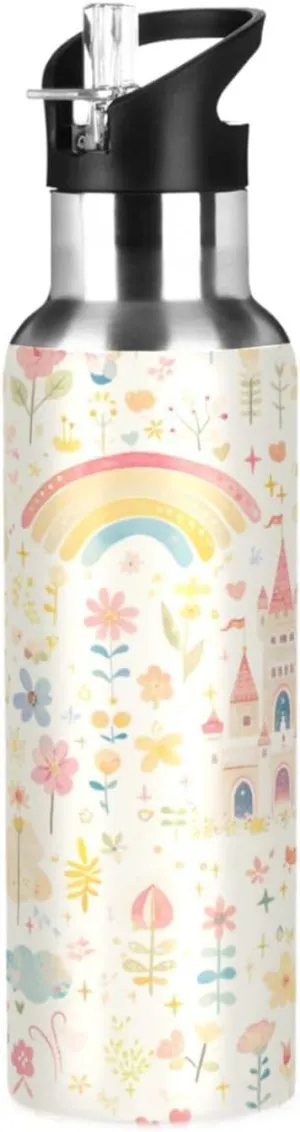 Whimsical Rainbow Insulated Water Bottle with Straw & Lid 22oz BPA Free Leakproof Stainless Steel Water Bottle Vacuum Double Wall Wide Mouth Sports Cup