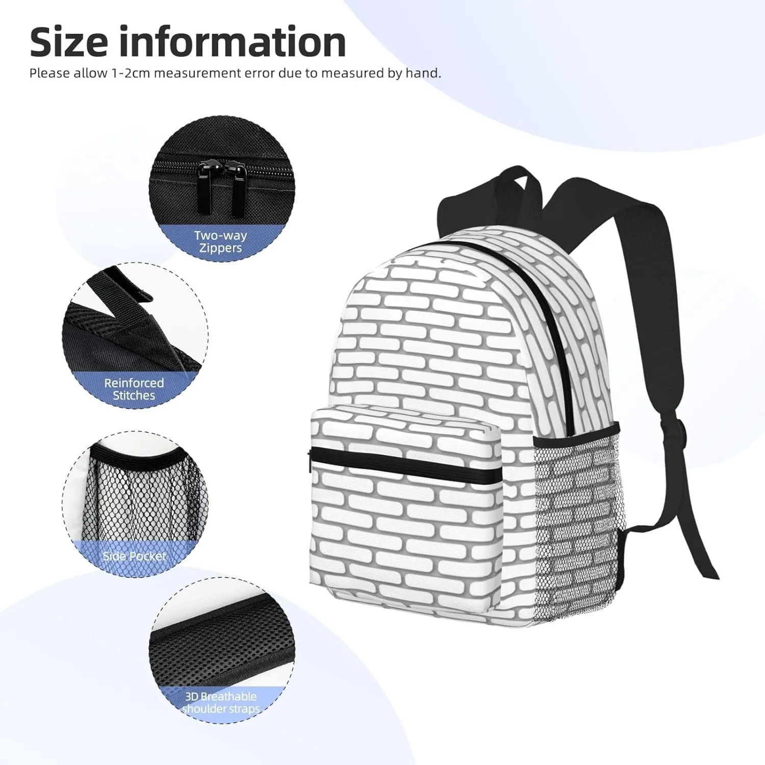 White Brick Pattern Backpack, Travel Laptop Backpack Computer Bag Rucksack for Men Women Business Work Fits 15.6 Inch Notebook