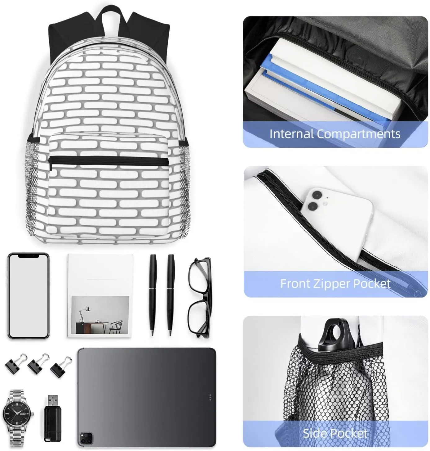 White Brick Pattern Backpack, Travel Laptop Backpack Computer Bag Rucksack for Men Women Business Work Fits 15.6 Inch Notebook