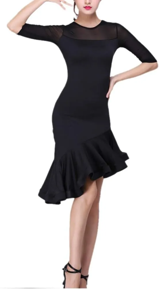 Whitewed Short Sleeves Mesh Yoke Latin Rhythm Tango Salsa Dance Dresses Costumes