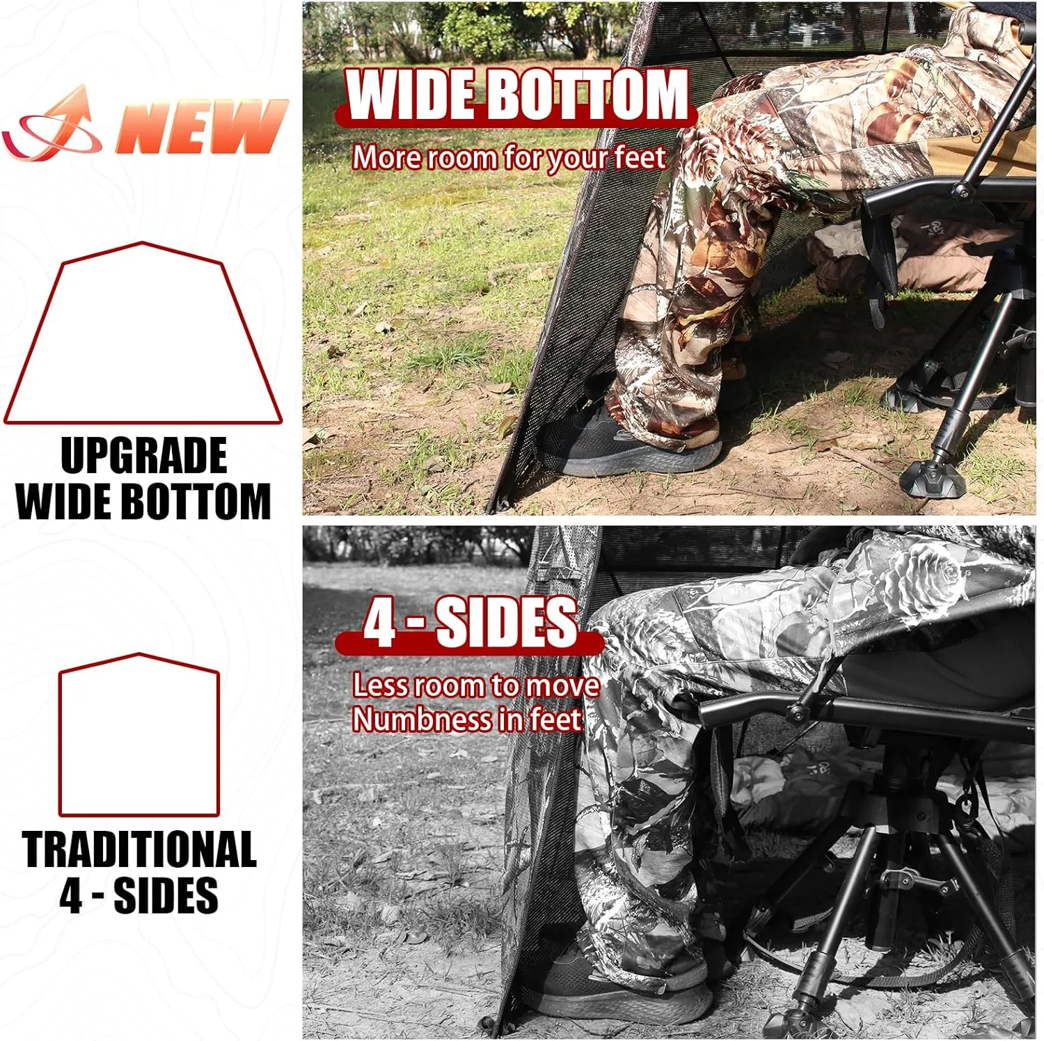 Wide Bottom Hunting Blind 3/4 Person with Portable Chair, 270 Degree See Through Pop up Ground Blinds for Deer Turkey Duck Hunting, Bow Hunting Adjust Windows with Silent Zipper