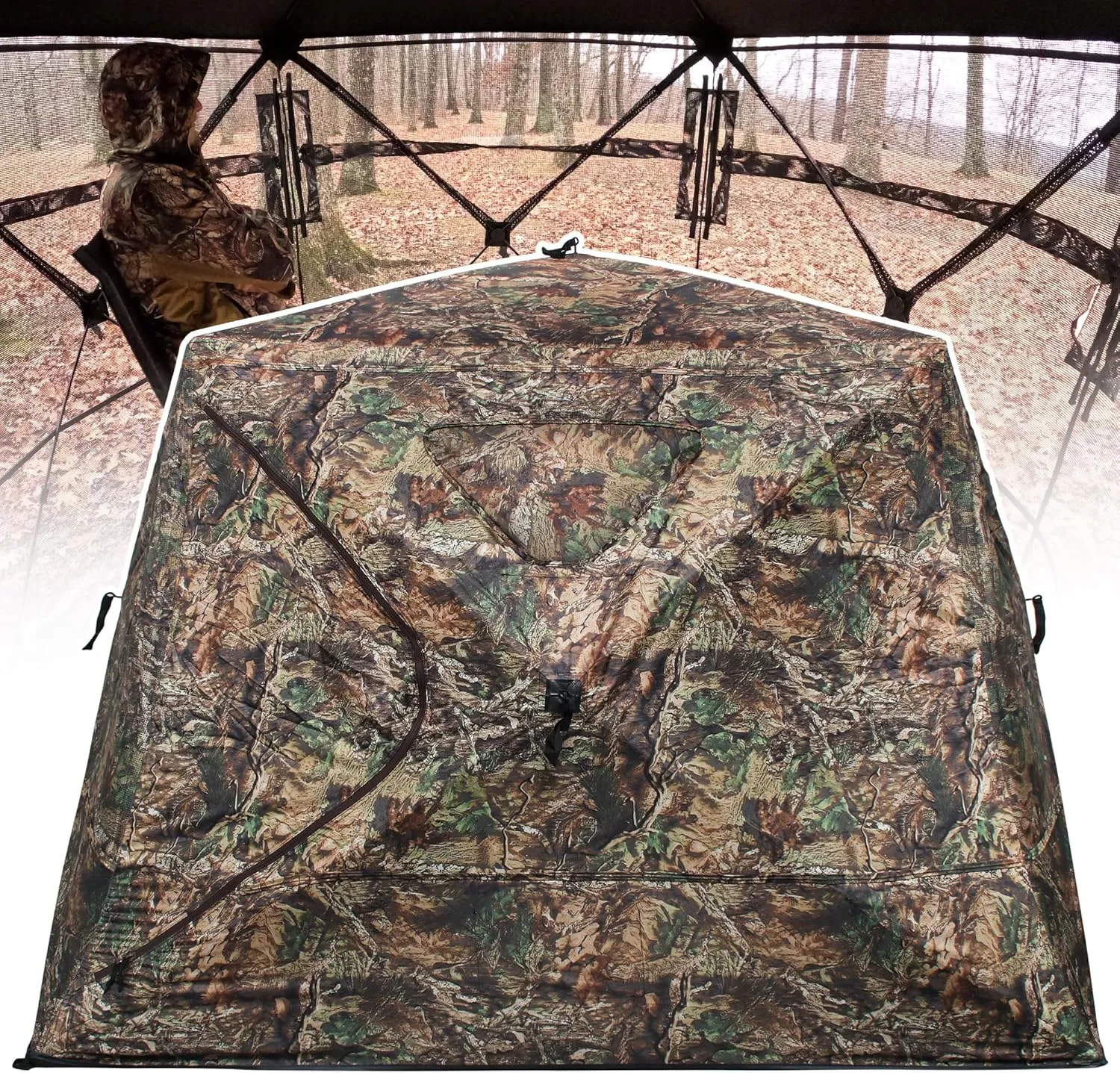 Wide Bottom Hunting Blind 3/4 Person with Portable Chair, 270 Degree See Through Pop up Ground Blinds for Deer Turkey Duck Hunting, Bow Hunting Adjust Windows with Silent Zipper