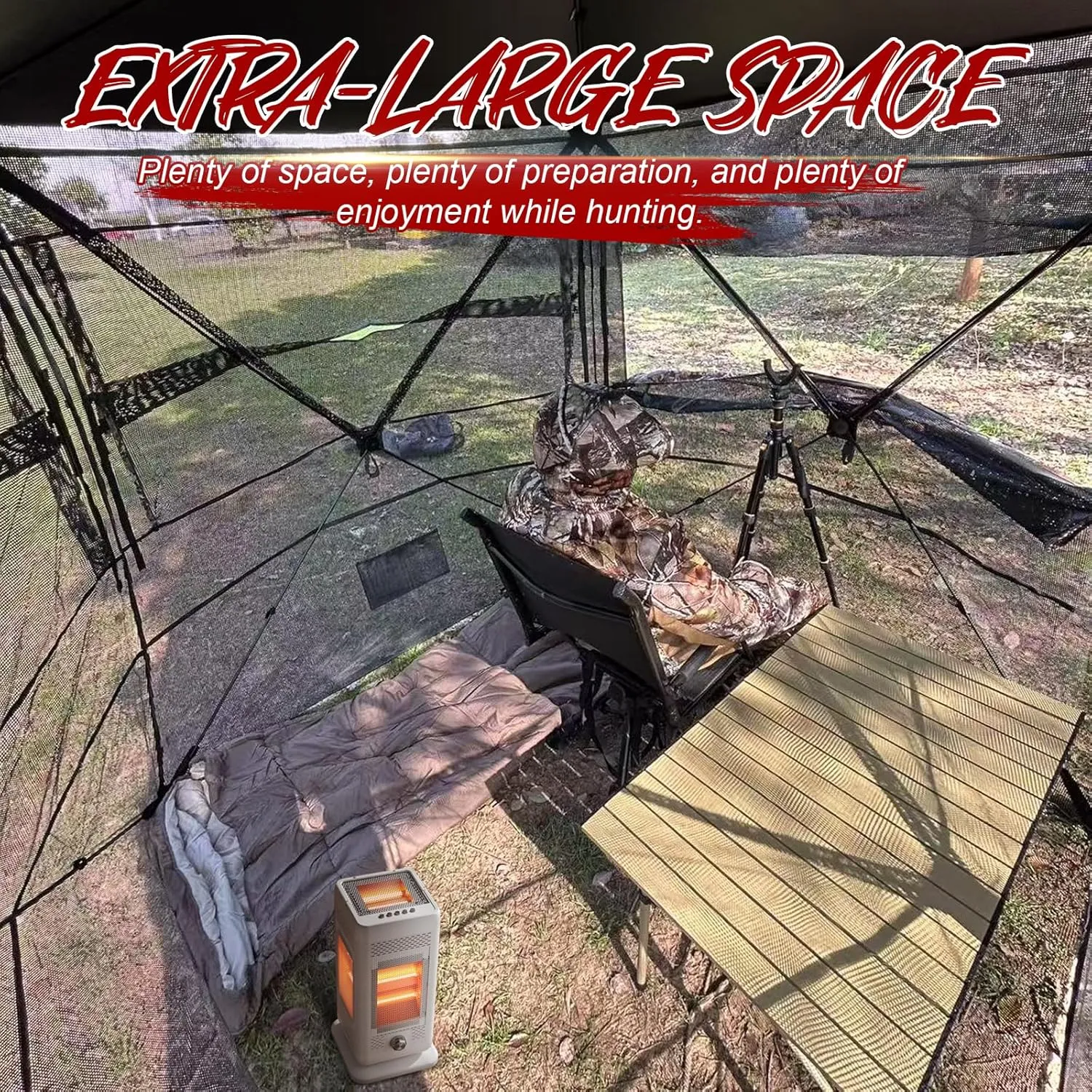 Wide Bottom Hunting Blind 3/4 Person with Portable Chair, 270 Degree See Through Pop up Ground Blinds for Deer Turkey Duck Hunting, Bow Hunting Adjust Windows with Silent Zipper