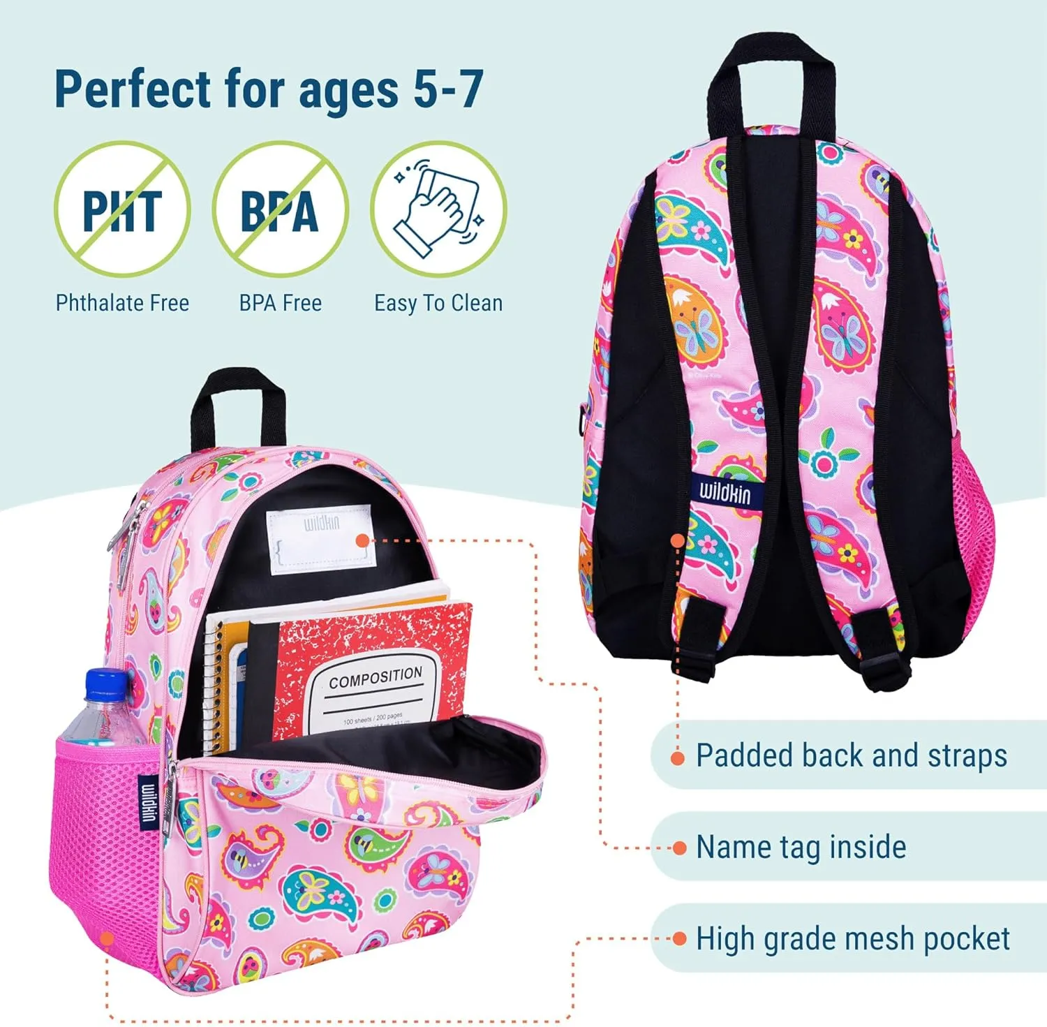 Wildkin 15-inch Kids Backpack for Boys & Girls, Backpack Feature Padded Back & Adjustable Strap for School & Travel Backpacks (Paisley)