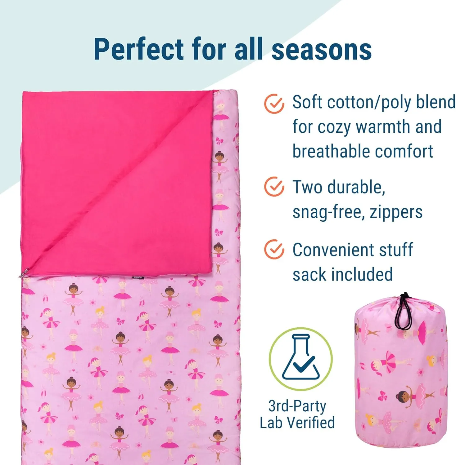 Wildkin Kids Sleeping Bag – Roll-Up Design with Storage Bag for School, Travel & Camping - Ballerina