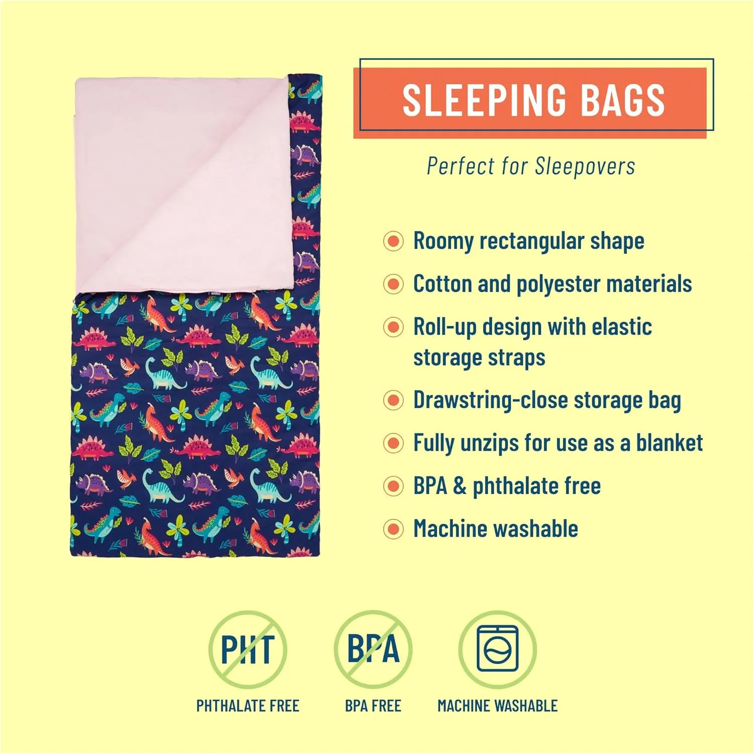 Wildkin Kids Sleeping Bag – Roll-Up Design with Storage Bag for School, Travel & Camping - Darling Dinosaurs