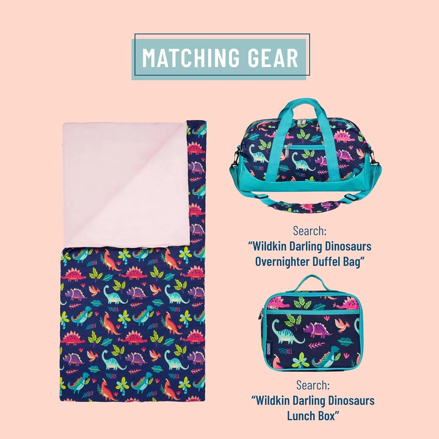 Wildkin Kids Sleeping Bag – Roll-Up Design with Storage Bag for School, Travel & Camping - Darling Dinosaurs