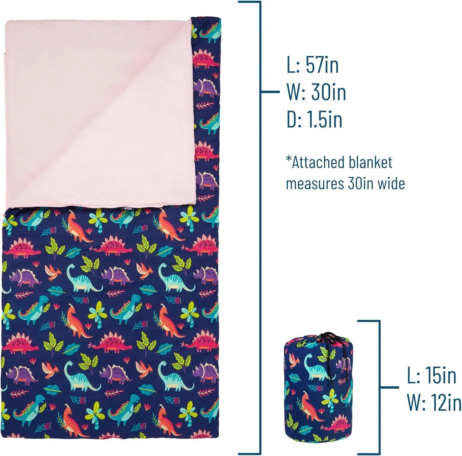 Wildkin Kids Sleeping Bag – Roll-Up Design with Storage Bag for School, Travel & Camping - Darling Dinosaurs