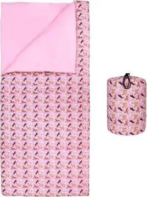 Wildkin Kids Sleeping Bag – Roll-Up Design with Storage Bag for School, Travel & Camping - Horses in Pink