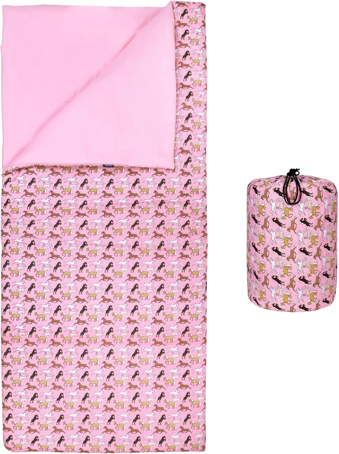 Wildkin Kids Sleeping Bag – Roll-Up Design with Storage Bag for School, Travel & Camping - Horses in Pink