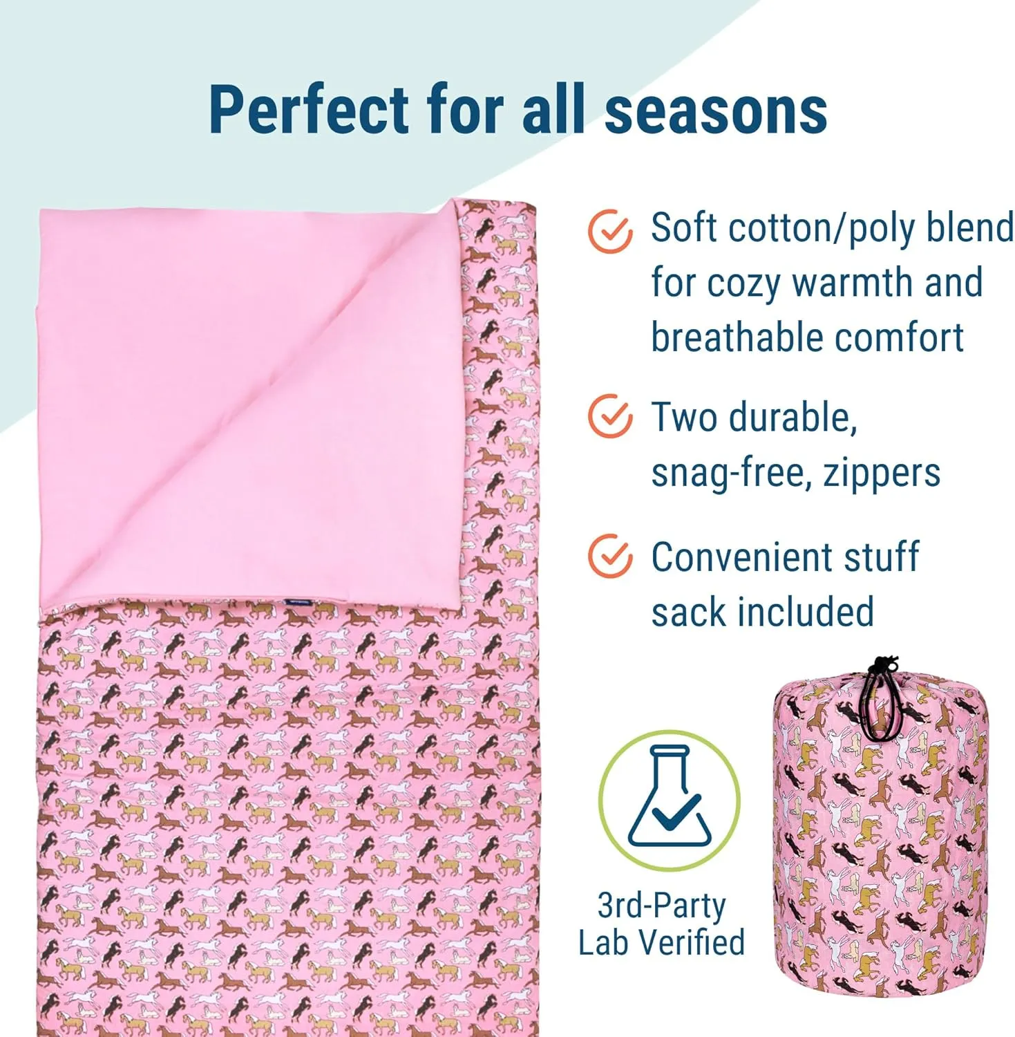 Wildkin Kids Sleeping Bag – Roll-Up Design with Storage Bag for School, Travel & Camping - Horses in Pink