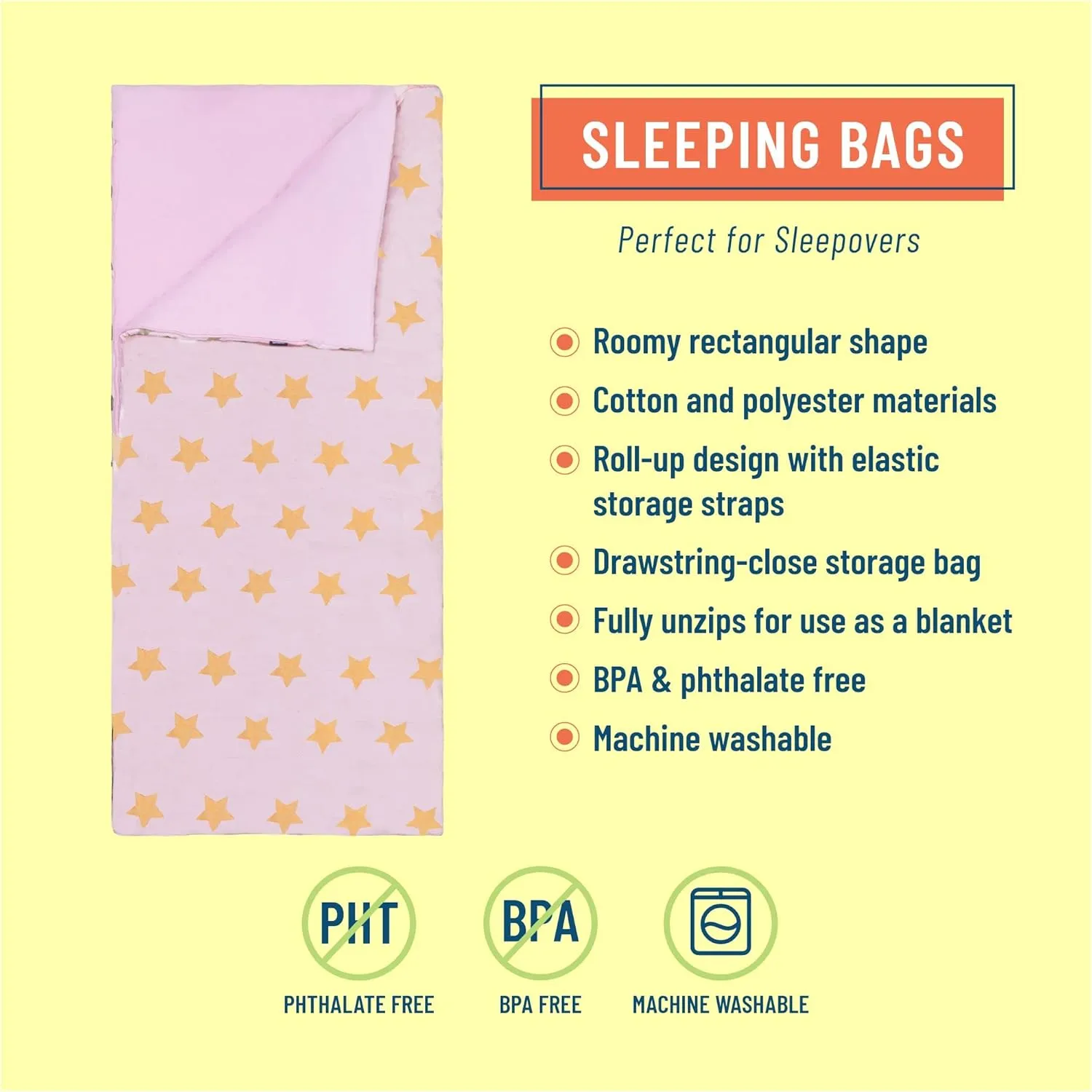 Wildkin Kids Sleeping Bag – Roll-Up Design with Storage Bag for School, Travel & Camping - Pink and Gold Stars
