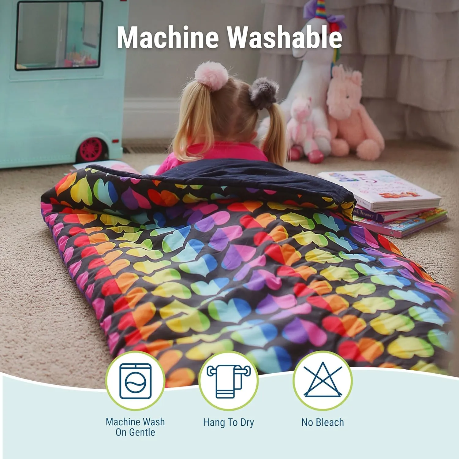 Wildkin Kids Sleeping Bag – Roll-Up Design with Storage Bag for School, Travel & Camping - Rainbow Hearts