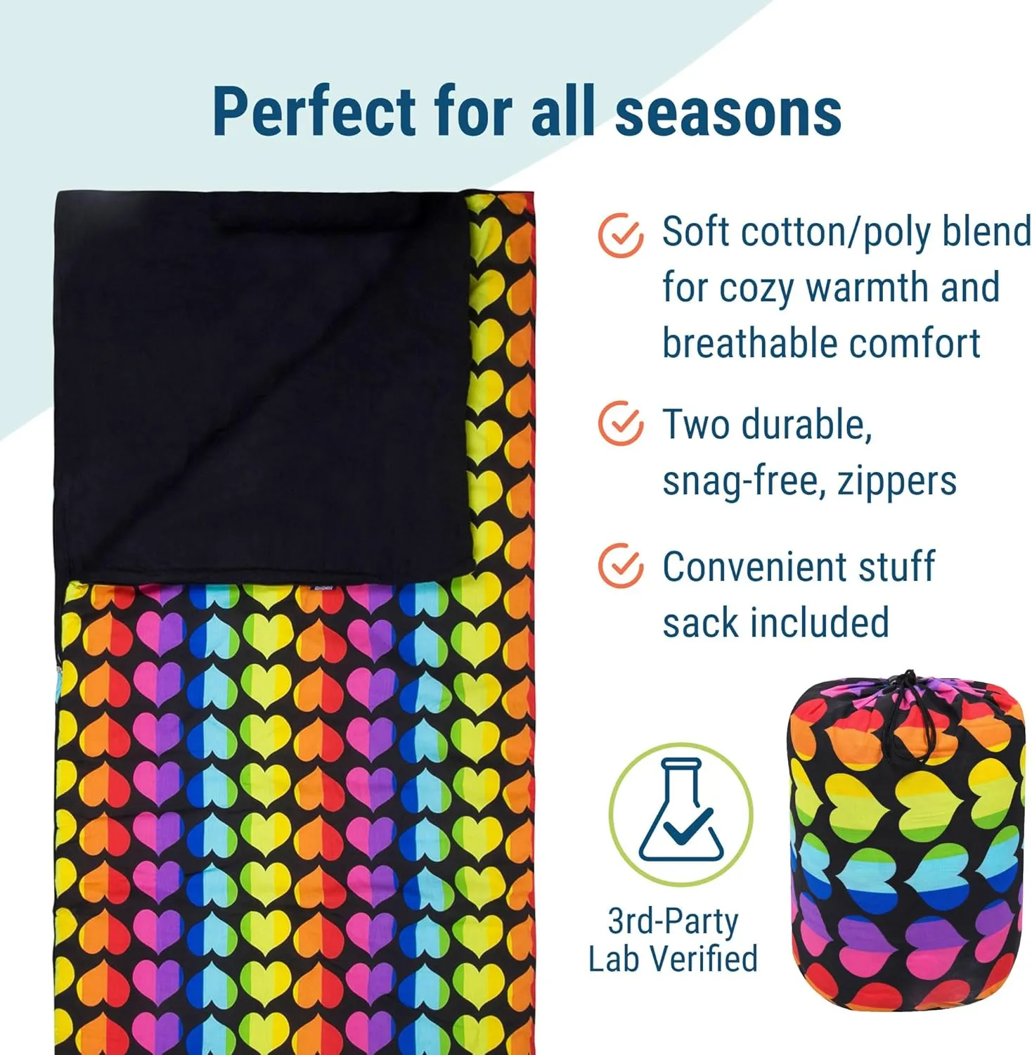 Wildkin Kids Sleeping Bag – Roll-Up Design with Storage Bag for School, Travel & Camping - Rainbow Hearts