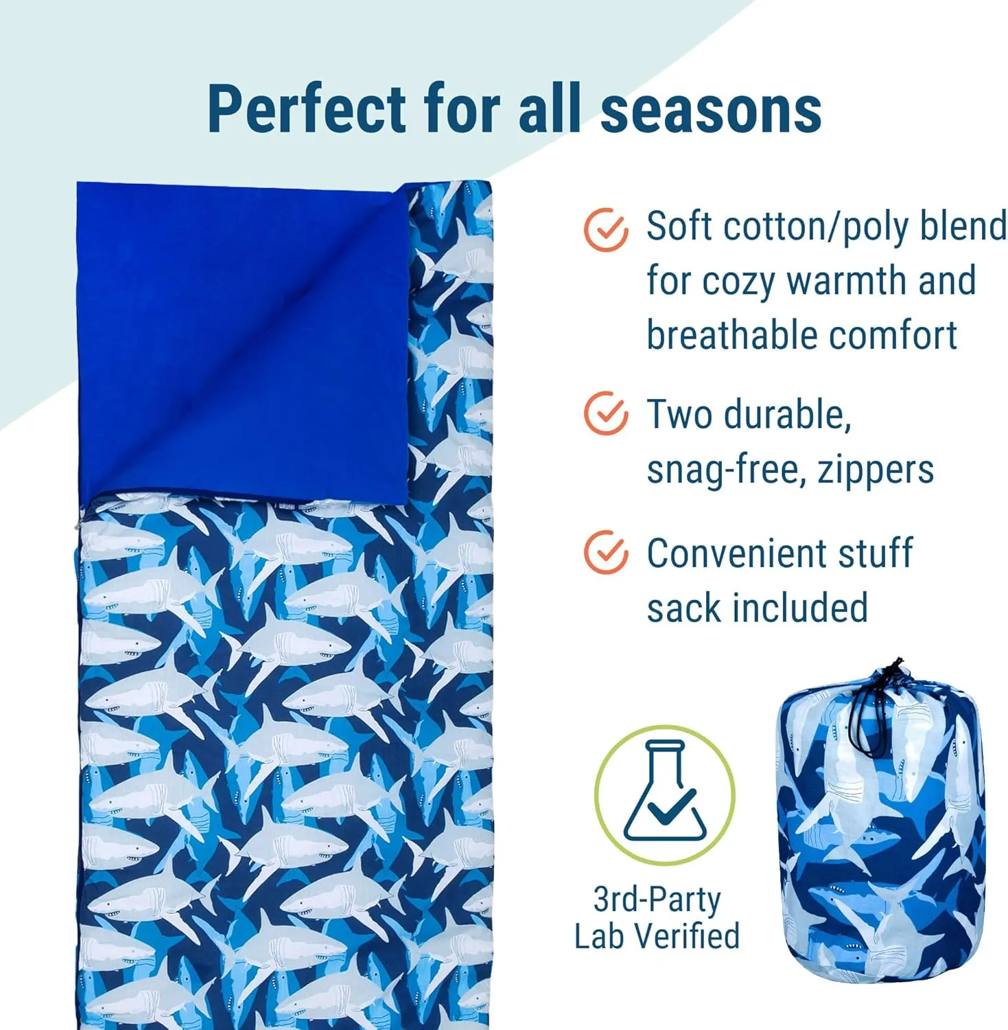Wildkin Kids Sleeping Bag – Roll-Up Design with Storage Bag for School, Travel & Camping - Sharks