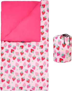 Wildkin Kids Sleeping Bag – Roll-Up Design with Storage Bag for School, Travel & Camping - Strawberry Patch
