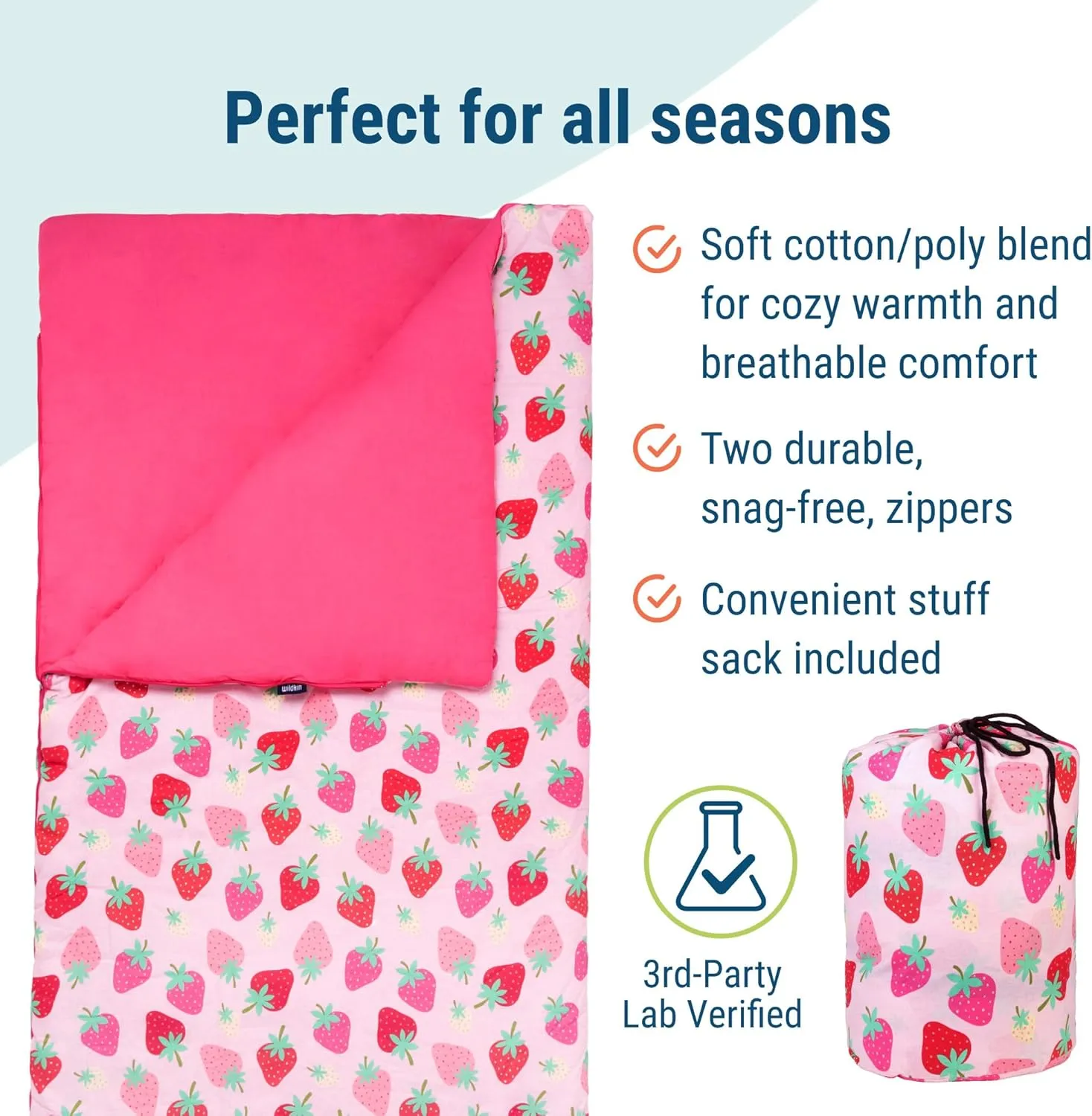 Wildkin Kids Sleeping Bag – Roll-Up Design with Storage Bag for School, Travel & Camping - Strawberry Patch