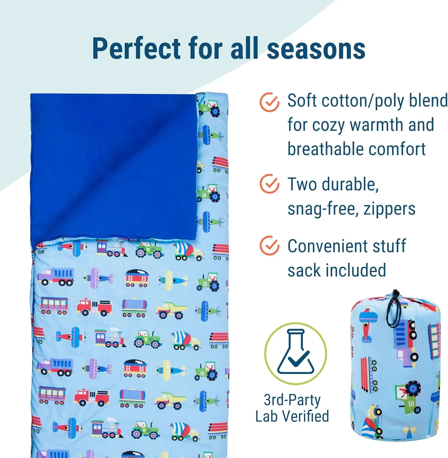 Wildkin Kids Sleeping Bag – Roll-Up Design with Storage Bag for School, Travel & Camping - Trains, Planes, and Trucks