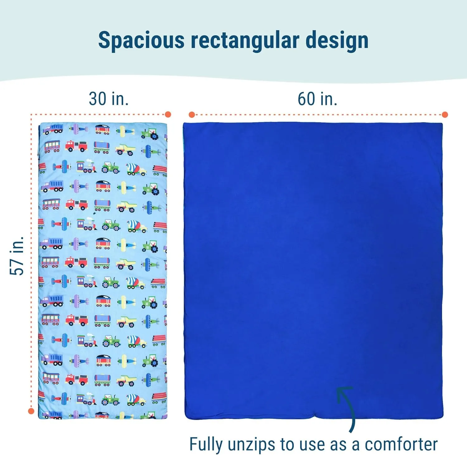 Wildkin Kids Sleeping Bag – Roll-Up Design with Storage Bag for School, Travel & Camping - Trains, Planes, and Trucks