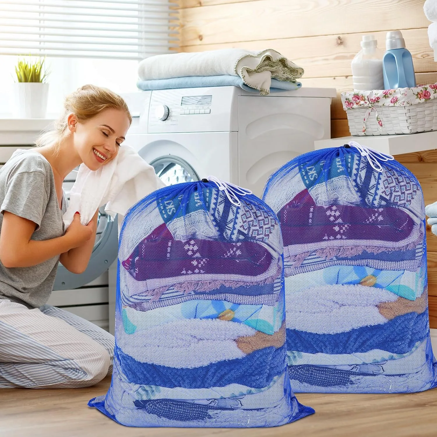 Windyun Mesh Laundry Bag, 9 Pcs 30" x 40" Heavy Duty Large Mesh Laundry Bags Drawstring Lockable Laundry Hamper Liner Machine Washable Bag for Travel Dorm Home College Storage Apartment (Blue)