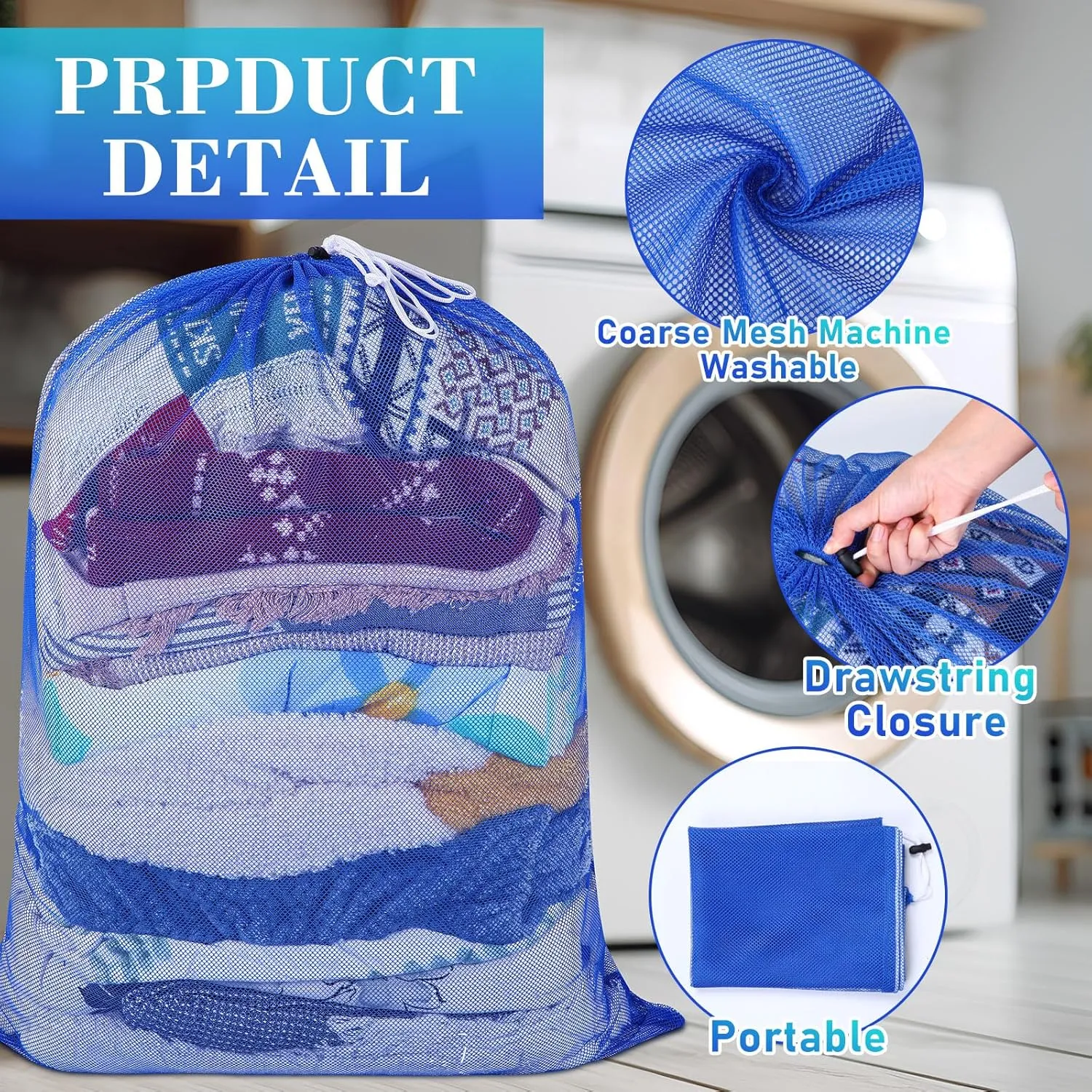 Windyun Mesh Laundry Bag, 9 Pcs 30" x 40" Heavy Duty Large Mesh Laundry Bags Drawstring Lockable Laundry Hamper Liner Machine Washable Bag for Travel Dorm Home College Storage Apartment (Blue)