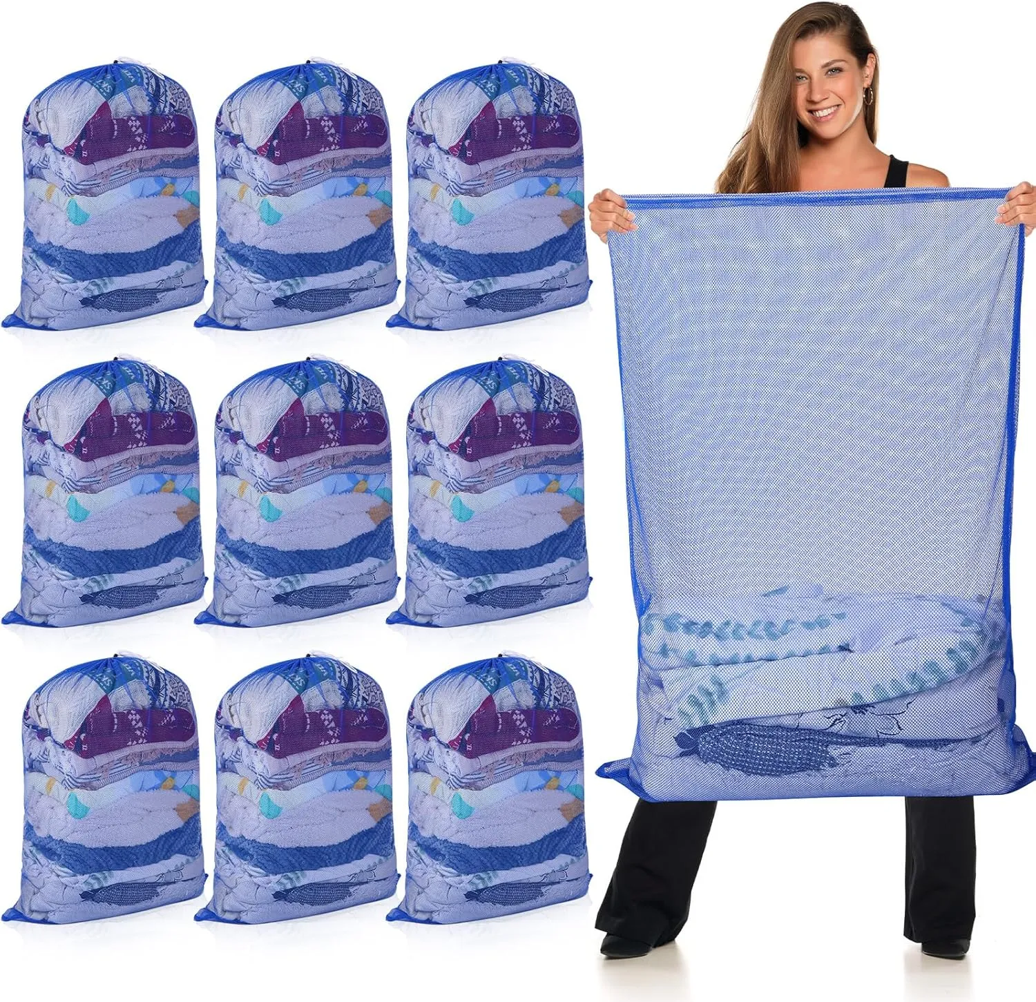 Windyun Mesh Laundry Bag, 9 Pcs 30" x 40" Heavy Duty Large Mesh Laundry Bags Drawstring Lockable Laundry Hamper Liner Machine Washable Bag for Travel Dorm Home College Storage Apartment (Blue)