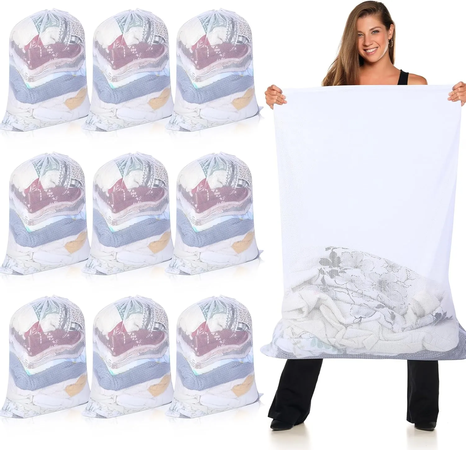 Windyun Mesh Laundry Bag, 9 Pcs 30" x 40" Heavy Duty Large Mesh Laundry Bags Drawstring Lockable Laundry Hamper Liner Machine Washable Bag for Travel Dorm Home College Storage Apartment(White)
