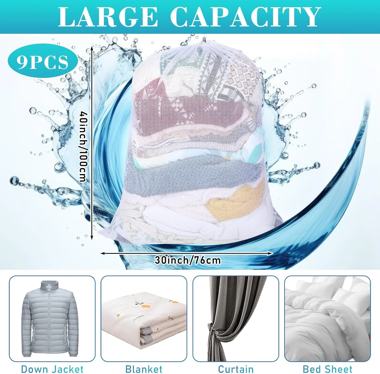 Windyun Mesh Laundry Bag, 9 Pcs 30" x 40" Heavy Duty Large Mesh Laundry Bags Drawstring Lockable Laundry Hamper Liner Machine Washable Bag for Travel Dorm Home College Storage Apartment(White)