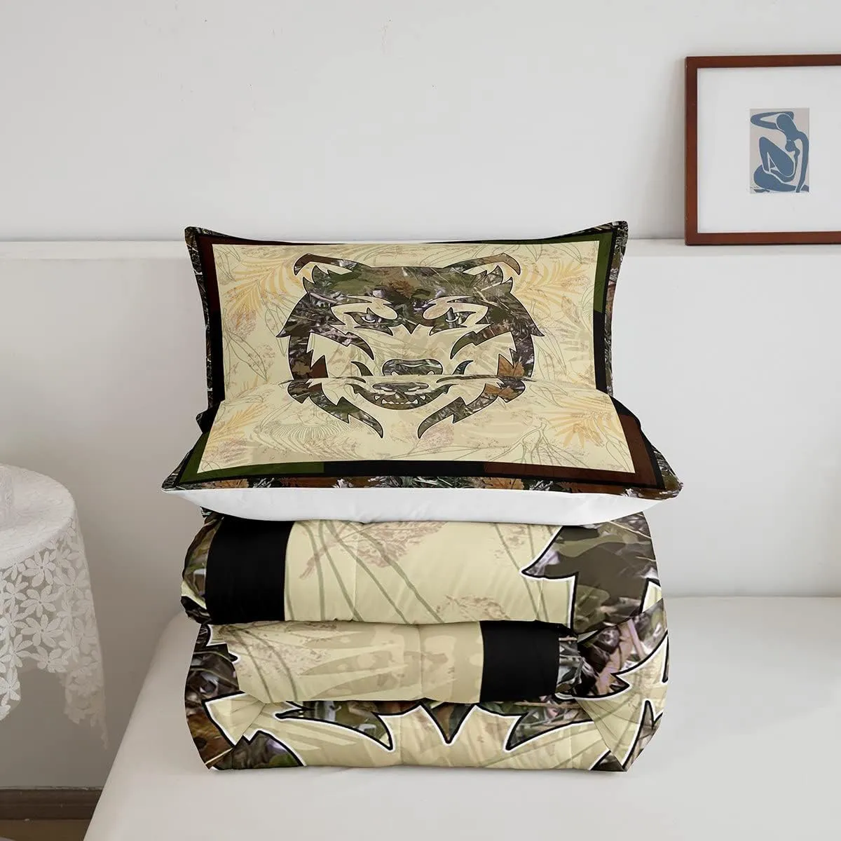 Wolf Bedding Set Full For Boys Woodland Camo Hunting Comforter Set Army Green Tree Branches Camouflage Wild Animal Quilt Comforter For Adults Men,Botanical Leaves Rustic Duvet 2 Pillow Cases