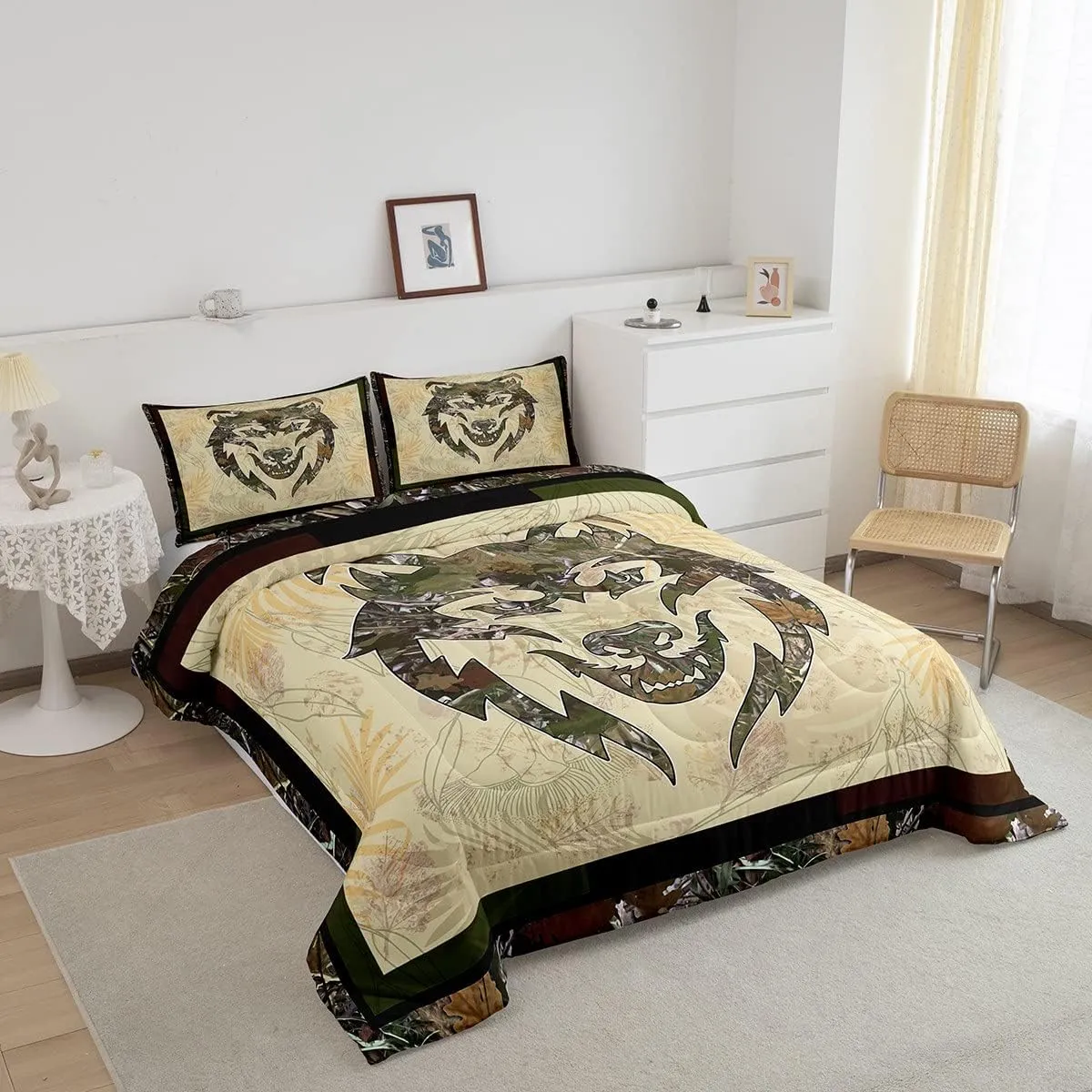 Wolf Bedding Set Full For Boys Woodland Camo Hunting Comforter Set Army Green Tree Branches Camouflage Wild Animal Quilt Comforter For Adults Men,Botanical Leaves Rustic Duvet 2 Pillow Cases