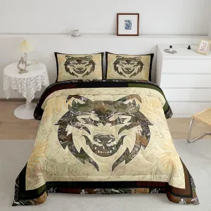 Wolf Bedding Set Full For Boys Woodland Camo Hunting Comforter Set Army Green Tree Branches Camouflage Wild Animal Quilt Comforter For Adults Men,Botanical Leaves Rustic Duvet 2 Pillow Cases