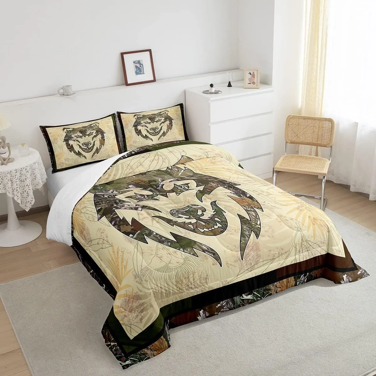 Wolf Bedding Set Full For Boys Woodland Camo Hunting Comforter Set Army Green Tree Branches Camouflage Wild Animal Quilt Comforter For Adults Men,Botanical Leaves Rustic Duvet 2 Pillow Cases