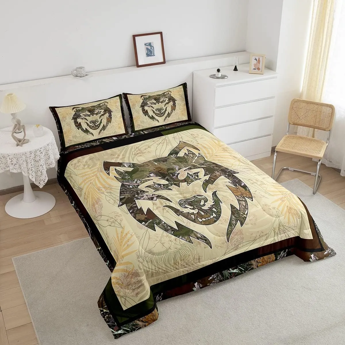 Wolf Bedding Set Full For Boys Woodland Camo Hunting Comforter Set Army Green Tree Branches Camouflage Wild Animal Quilt Comforter For Adults Men,Botanical Leaves Rustic Duvet 2 Pillow Cases