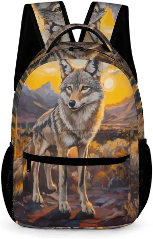 Wolf Coyote Cactus Sunset Fashion Backpack Cute Daypack Unisex Laptop Bag for Travel Business Work
