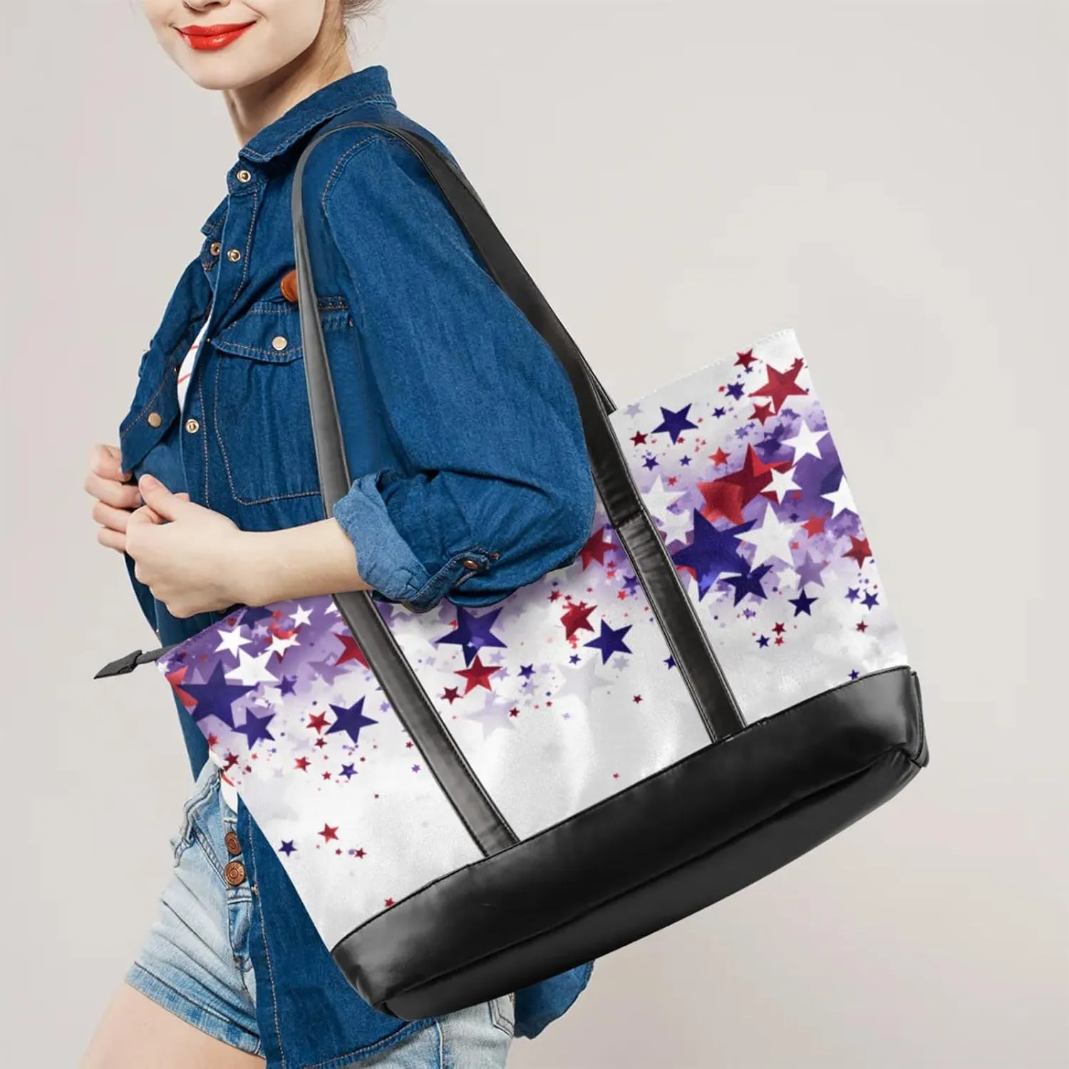 Women Tote Bag with Zipper, Shopper Handbag Travel Purse, PU Leather Laptop Tote Bags, Weekender Tote Bags