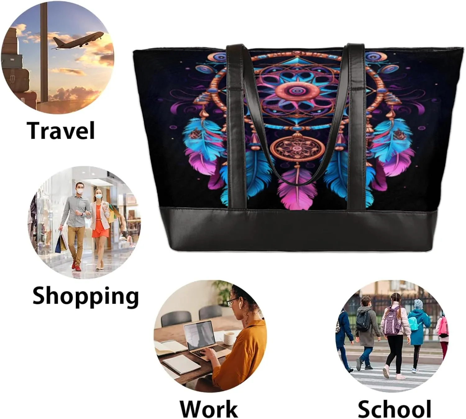 Women Tote Bag with Zipper, Shopper Handbag Travel Purse, PU Leather Laptop Tote Bags, Weekender Tote Bags