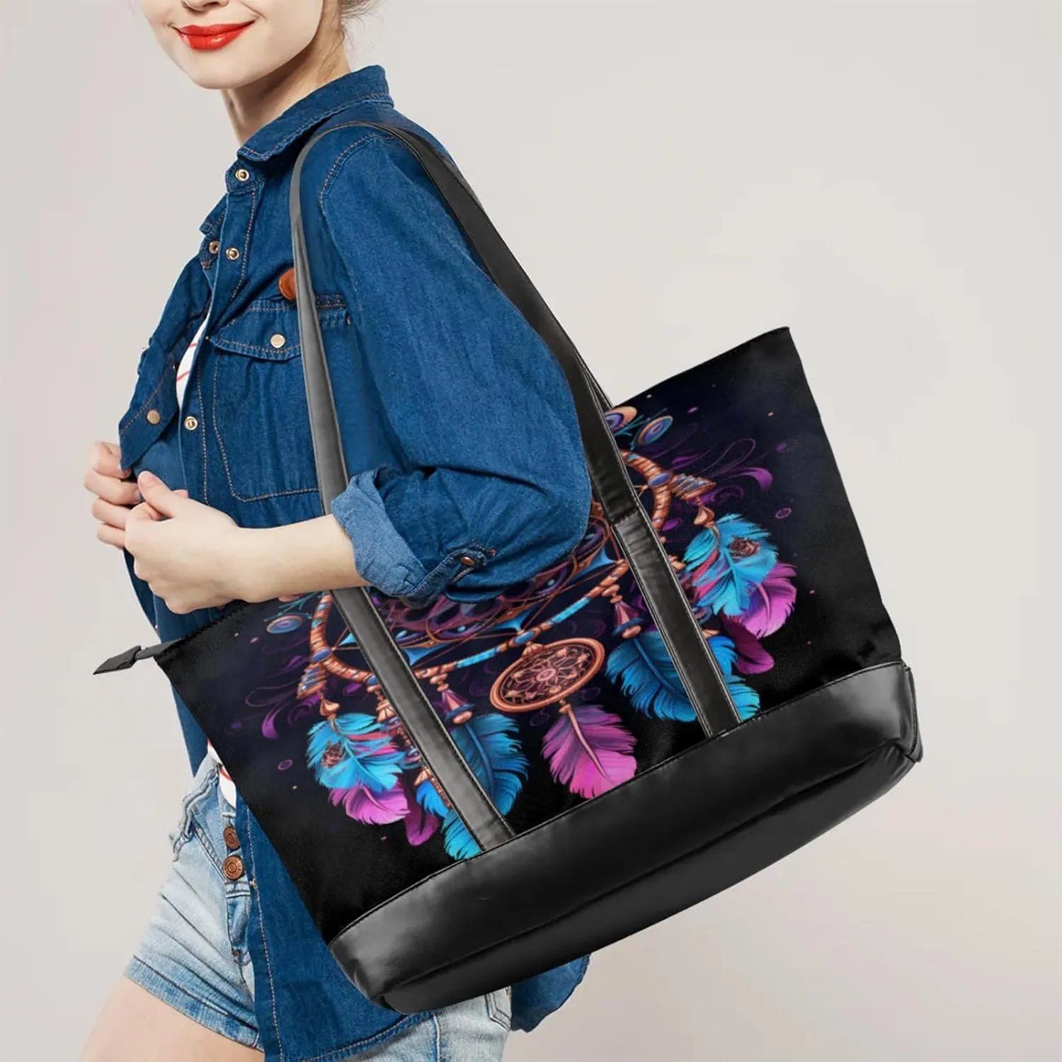 Women Tote Bag with Zipper, Shopper Handbag Travel Purse, PU Leather Laptop Tote Bags, Weekender Tote Bags